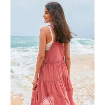 Gacaky Summer Dress for Women Casual Floral Embroidered Bohemian Dress Adjustable Straps Bib Maxi Flowy Dress with Pockets Rose Medium