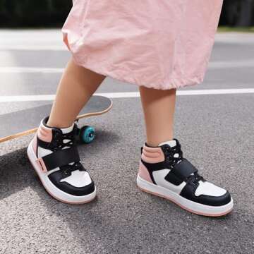 DREAM PAIRS Boys Girls High Top Sneaker LilLegends Skyhigh Basketball Shoes,Size 6 Big Kid,Black/White/Pink,Freestyle-K