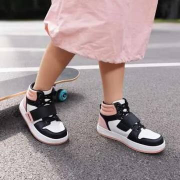 DREAM PAIRS Boys Girls High Top Sneaker LilLegends Skyhigh Basketball Shoes,Size 6 Big Kid,Black/White/Pink,Freestyle-K