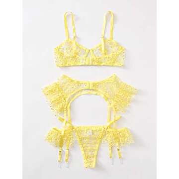 WDIRARA Women's 3 Pieces Floral Applique Lace Sexy Mesh Garter Lingerie Set Yellow S