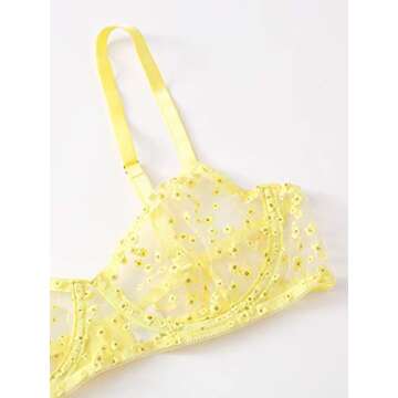 WDIRARA Women's 3 Pieces Floral Applique Lace Sexy Mesh Garter Lingerie Set Yellow S
