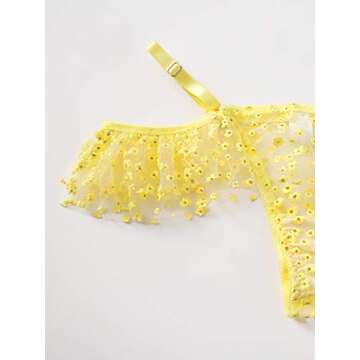 WDIRARA Women's 3 Pieces Floral Applique Lace Sexy Mesh Garter Lingerie Set Yellow S