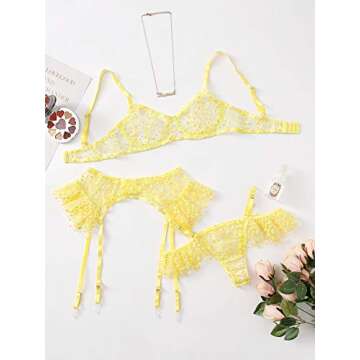 WDIRARA Women's 3 Pieces Floral Applique Lace Sexy Mesh Garter Lingerie Set Yellow S