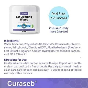 Curaseb Cat and Dog Ear Wipes – Cleans, Deodorizes and Soothes Ear Issues with Soothing Aloe Vera – Vet Strength – 100 Wipes