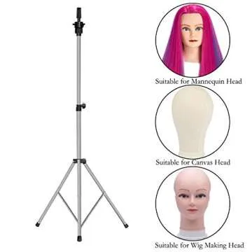 Wig Stand Tripod Adjustable (32.3-53 inch) Metal Mannequin Head Stand Suitable for Canvas Head, Styrofoam Head, Hairdressing Training（Silver）