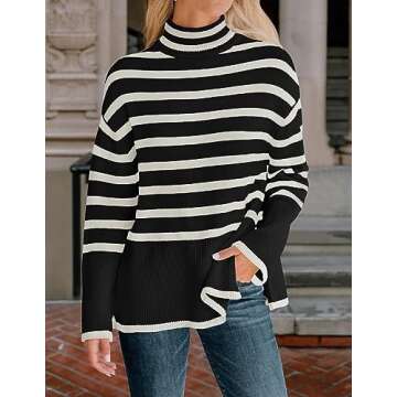 ZESICA Women's Winter Sweaters Casual Turtleneck Long Sleeve Striped Side Slit Loose Pullover Sweate...