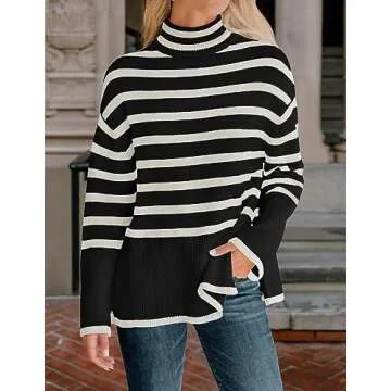 ZESICA Women's Winter Sweaters Casual Turtleneck Long Sleeve Striped Side Slit Loose Pullover Sweate...