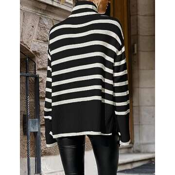 ZESICA Women's Winter Sweaters Casual Turtleneck Long Sleeve Striped Side Slit Loose Pullover Sweater Jumper Tops,Black,Small