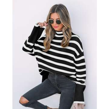 ZESICA Women's Winter Sweaters Casual Turtleneck Long Sleeve Striped Side Slit Loose Pullover Sweater Jumper Tops,Black,Small