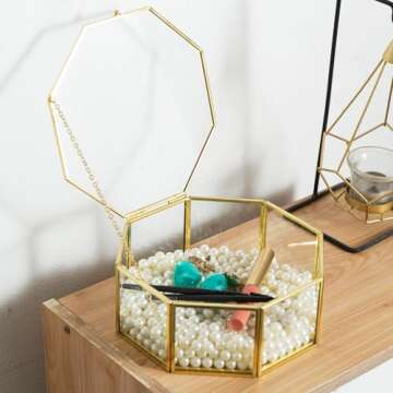 Sanllusit Glass Vintage Jewelry Box, Octagon Gold Jewelry Display Organizer Box Vanity Lidded Box Ho...