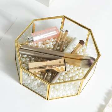 Sanllusit Glass Vintage Jewelry Box, Octagon Gold Jewelry Display Organizer Box Vanity Lidded Box Home Decor Accent Decorative Box for Storage Trinket Rings Bracelet - Big Jewelry Box