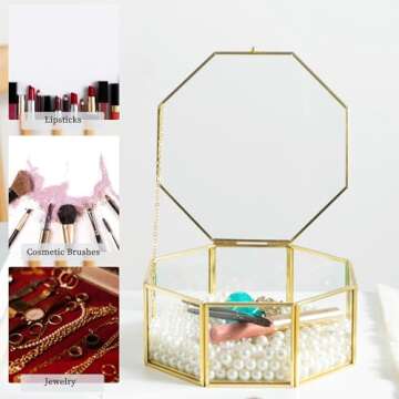 Sanllusit Glass Vintage Jewelry Box, Octagon Gold Jewelry Display Organizer Box Vanity Lidded Box Home Decor Accent Decorative Box for Storage Trinket Rings Bracelet - Big Jewelry Box