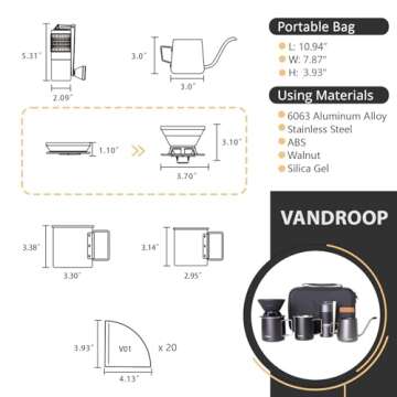 Vandroop Pour Over Coffee Maker Set, ALL in 1 Portable Set- Manual Coffee Grinder with Stainless Steel Conical Burr, Collapsible Silicone Coffee Dripper Set, Coffee Gooseneck Kettle