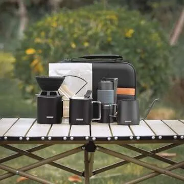 Vandroop Pour Over Coffee Maker Set, ALL in 1 Portable Set- Manual Coffee Grinder with Stainless Steel Conical Burr, Collapsible Silicone Coffee Dripper Set, Coffee Gooseneck Kettle