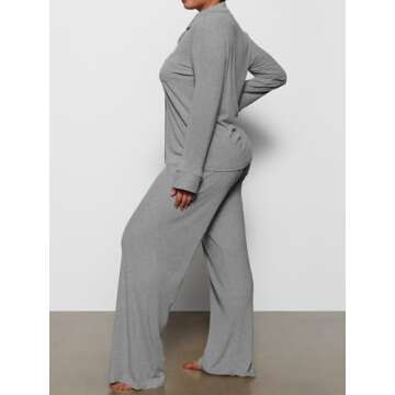 AnotherChill Women's Pajamas Set Long Sleeve Button Down Ribbed Knit 2 Piece Sleep Sets Loungewear Soft Pjs (Dark-Grey, Small)