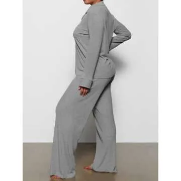 AnotherChill Women's Pajamas Set Long Sleeve Button Down Ribbed Knit 2 Piece Sleep Sets Loungewear Soft Pjs (Dark-Grey, Small)