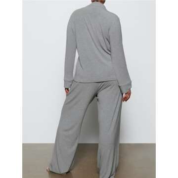 AnotherChill Women's Pajamas Set Long Sleeve Button Down Ribbed Knit 2 Piece Sleep Sets Loungewear Soft Pjs (Dark-Grey, Small)