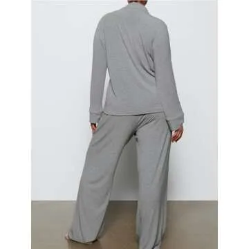 AnotherChill Women's Pajamas Set Long Sleeve Button Down Ribbed Knit 2 Piece Sleep Sets Loungewear Soft Pjs (Dark-Grey, Small)