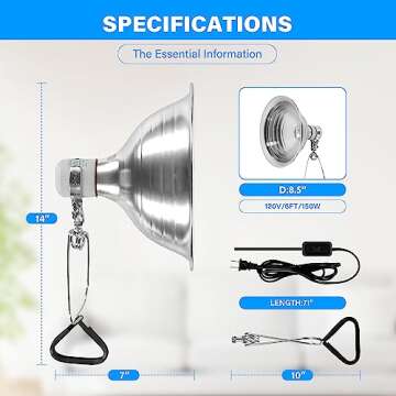 Simple Deluxe 150W Ceramic Reptile Heat Lamp Bulb and 8.5 Inch Reflector Clamp Light Combo for Amphibian Pet, Black