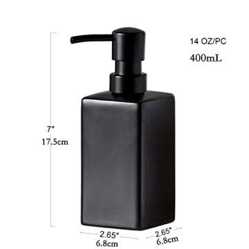 Matte Black Soap Dispenser Ceramic,Square Hand Soap and Lotion Dispenser for Bathroom Countertop,Dish Soap Dispenser for Kitchen-14oz.