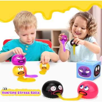 4 Pack Vomiting Stress Balls Fidget Toy Set, Puking Sucking Egg Yolk Slime, Squeeze Prank Toys, Nove...
