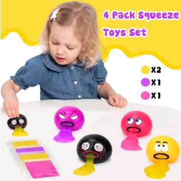 4 Pack Vomiting Stress Balls Fidget Toy Set, Puking Sucking Egg Yolk Slime, Squeeze Prank Toys, Novelty Sensory Gag Gift