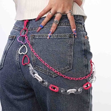 Bomine Cute Pants Jean Chain Layered Keychain Punk Colorful Pink Pendants Heart Pocket Trousers Chai...