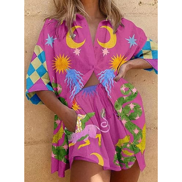Peaceglad Women's Print 2 Piece Pajama Set Short Sleeve Button Down Tops Drawstring Shorts Loungewear Sleepwear Sets(Pink,XL)