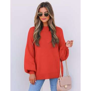 ZESICA Women's 2024 Casual Turtleneck Long Lantern Sleeve Oversized Ribbed Knit Pullover Sweater Jumper Top,FireRed,Medium