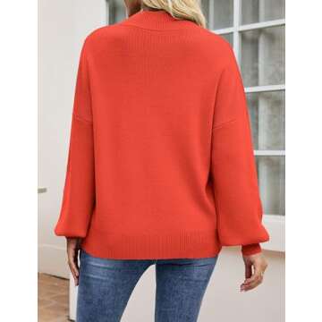 ZESICA Women's 2024 Casual Turtleneck Long Lantern Sleeve Oversized Ribbed Knit Pullover Sweater Jumper Top,FireRed,Medium