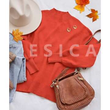 ZESICA Women's 2024 Casual Turtleneck Long Lantern Sleeve Oversized Ribbed Knit Pullover Sweater Jumper Top,FireRed,Medium