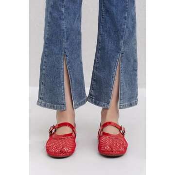 Adolilove Mesh Ballet Flats for Women Comfort Work Flats for Women Office Dressy Wedding Mesh Mary Jane Flats, Red, Size 6.5