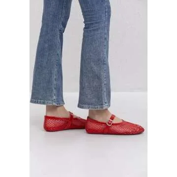 Adolilove Mesh Ballet Flats for Women Comfort Work Flats for Women Office Dressy Wedding Mesh Mary Jane Flats, Red, Size 6.5