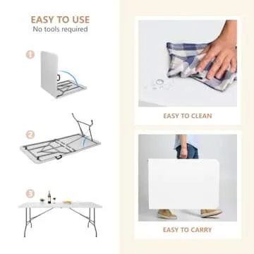 ZenStyle 6 ft Indoor Outdoor Heavy Duty Plastic Folding Table Portable Picnic Table Fold-in-Half Utility Table w/Handle and Steel Legs for Camping, Dining, Party, 71 x 27 Inch, White