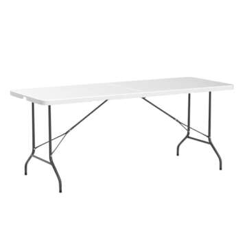 ZenStyle 6 ft Indoor Outdoor Heavy Duty Plastic Folding Table Portable Picnic Table Fold-in-Half Utility Table w/Handle and Steel Legs for Camping, Dining, Party, 71 x 27 Inch, White