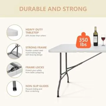 ZenStyle 6 ft Indoor Outdoor Heavy Duty Plastic Folding Table Portable Picnic Table Fold-in-Half Utility Table w/Handle and Steel Legs for Camping, Dining, Party, 71 x 27 Inch, White