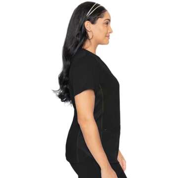 Med Couture V-Neck Scrub Top for Women with 4 Pockets, Rib-Knit Side Panel, and Shirttail Hem MC7459, Black, 2X-Large
