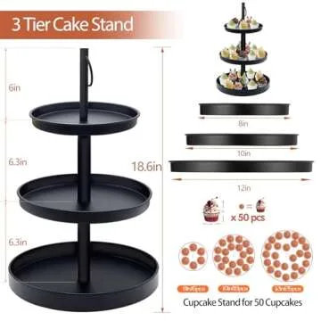 Cupcake Stand for 50 Cupcakes, 2 PACK Metal 3 Tier Cupcake Tower Black Cupcake Holder Stand Cake Display Stand Tiered Serving Trays Dessert Stands with Handle for Party, Baby Shower, Wedding, Birthday
