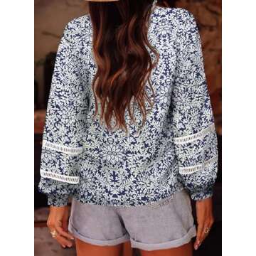 Astylish Womens Floral Printed Mock Neck Shirt Button Down Eyelet Blouse Tops Floral Blue Medium