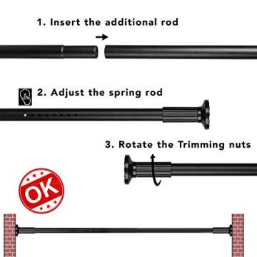 Tension Curtain Rod, 51-126 Inch,Spring Closet Rod, for Windows or Shower, Easy to Install, No Drilling, No Rust, for Bathroom, Rod Diameter 1.26 Inches, Black,Umimile