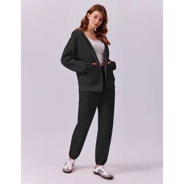 PINSPARK 2 Piece Sets for Women Zip Up Hoodie Sweatshirts Drawstring Fleece Sweatpants Winter Matching Sets Fall 2024 Black M