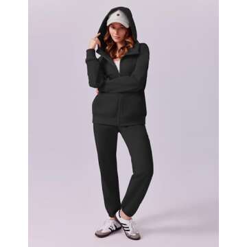 PINSPARK 2 Piece Sets for Women Zip Up Hoodie Sweatshirts Drawstring Fleece Sweatpants Winter Matching Sets Fall 2024 Black M