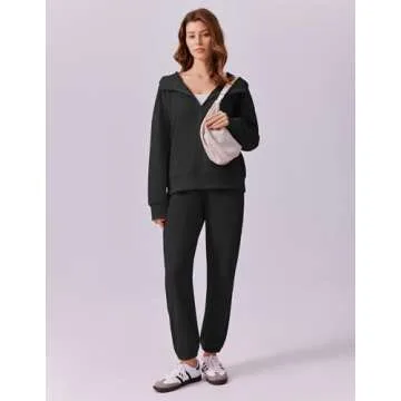 PINSPARK 2 Piece Sets for Women Zip Up Hoodie Sweatshirts Drawstring Fleece Sweatpants Winter Matching Sets Fall 2024 Black M