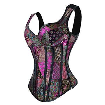 Kimring Women's Gothic Retro Jacquard Peasant Shoulder Straps Boby Shaper Tank Bustiers Spiral Steel Boned Overbust Corset Purple Medium