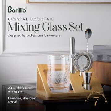 Barillio Crystal Cocktail Mixing Glass Set - 20 Oz Weighted Cocktail Stirring Glass with Strainer an...