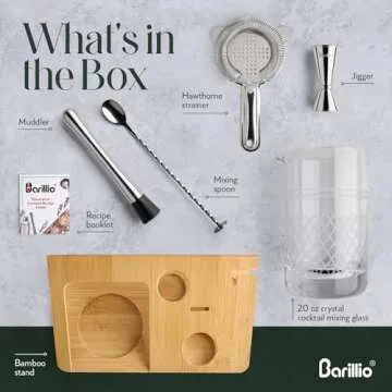 Barillio Crystal Cocktail Mixing Glass Set - 20 Oz Weighted Cocktail Stirring Glass with Strainer and Bamboo Stand - Bar Mixing Kit with Crystal Pitcher/Beaker - Home Mixology Bartender Kit