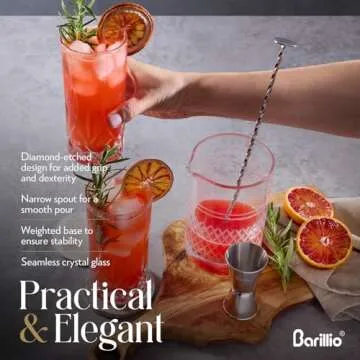 Barillio Crystal Cocktail Mixing Glass Set - 20 Oz Weighted Cocktail Stirring Glass with Strainer and Bamboo Stand - Bar Mixing Kit with Crystal Pitcher/Beaker - Home Mixology Bartender Kit