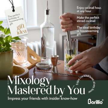 Barillio Crystal Cocktail Mixing Glass Set - 20 Oz Weighted Cocktail Stirring Glass with Strainer and Bamboo Stand - Bar Mixing Kit with Crystal Pitcher/Beaker - Home Mixology Bartender Kit