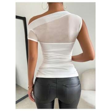 SweatyRocks Women's Sheer Mesh Asymmetrical Neck T Shirt Ruched Short Sleeve Tee Tops White Small