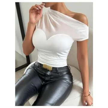 SweatyRocks Women's Sheer Mesh Asymmetrical Neck T Shirt Ruched Short Sleeve Tee Tops White Small